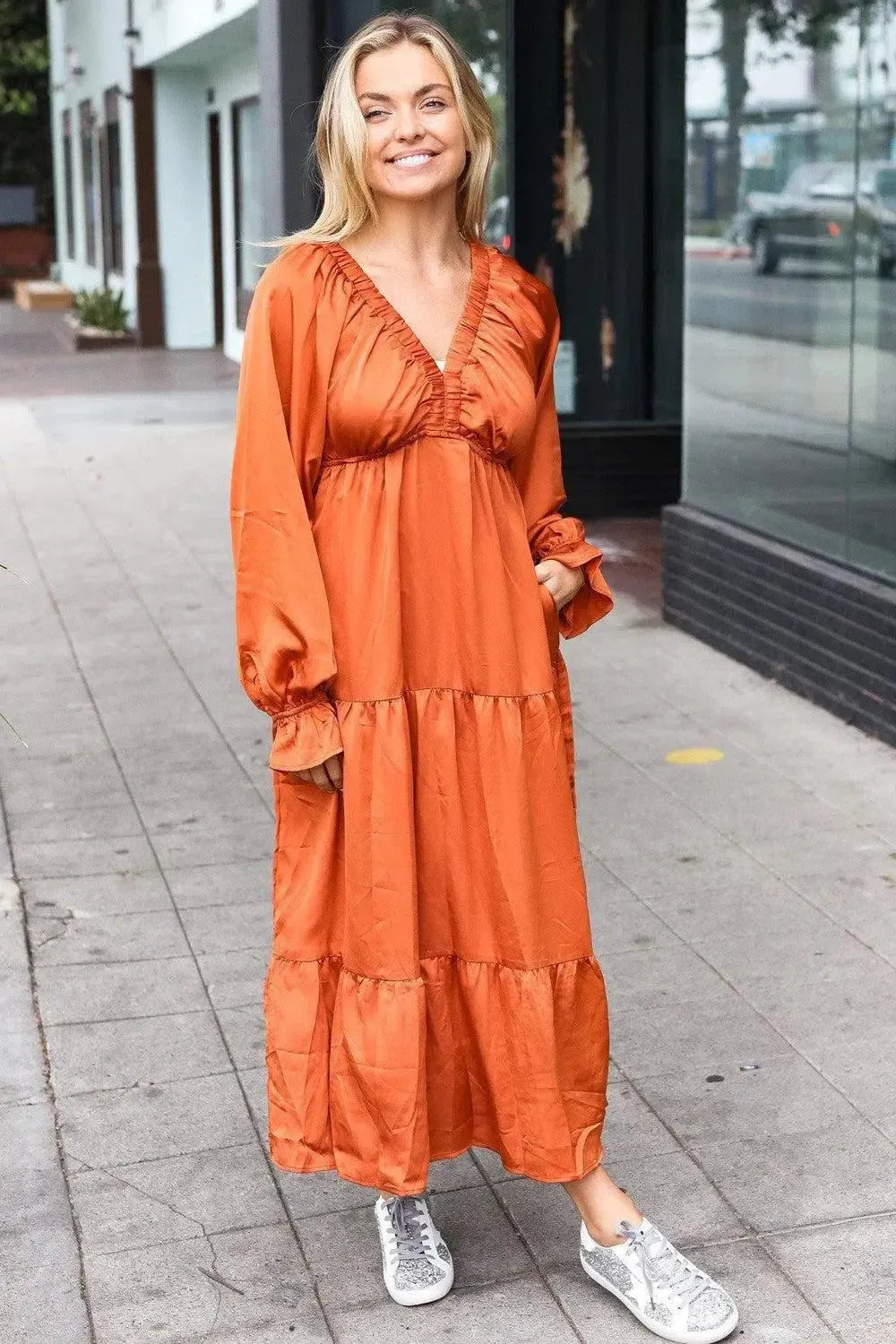 Timeless Elegance: Elastic V-Neck Maxi Dress in Rust-Evelyns Fashion