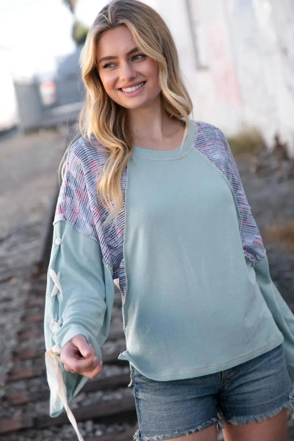 Trendy Comfort: Mint Lace Up Oversized French Terry Pullover-Evelyns Fashion