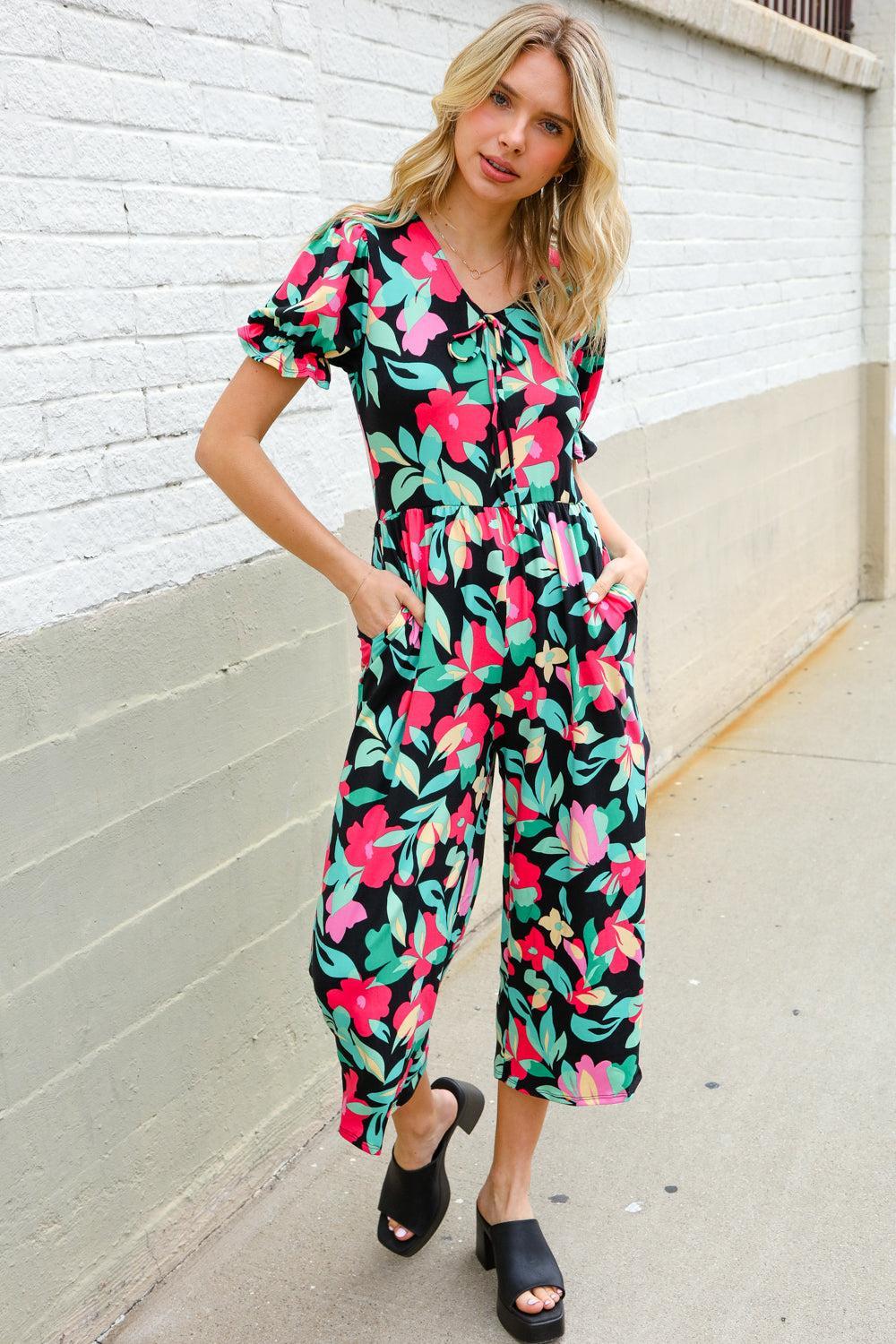 Tropical Floral Wide Leg Jumpsuit – Bold, Breezy & Vacation-Ready-Evelyns Fashion