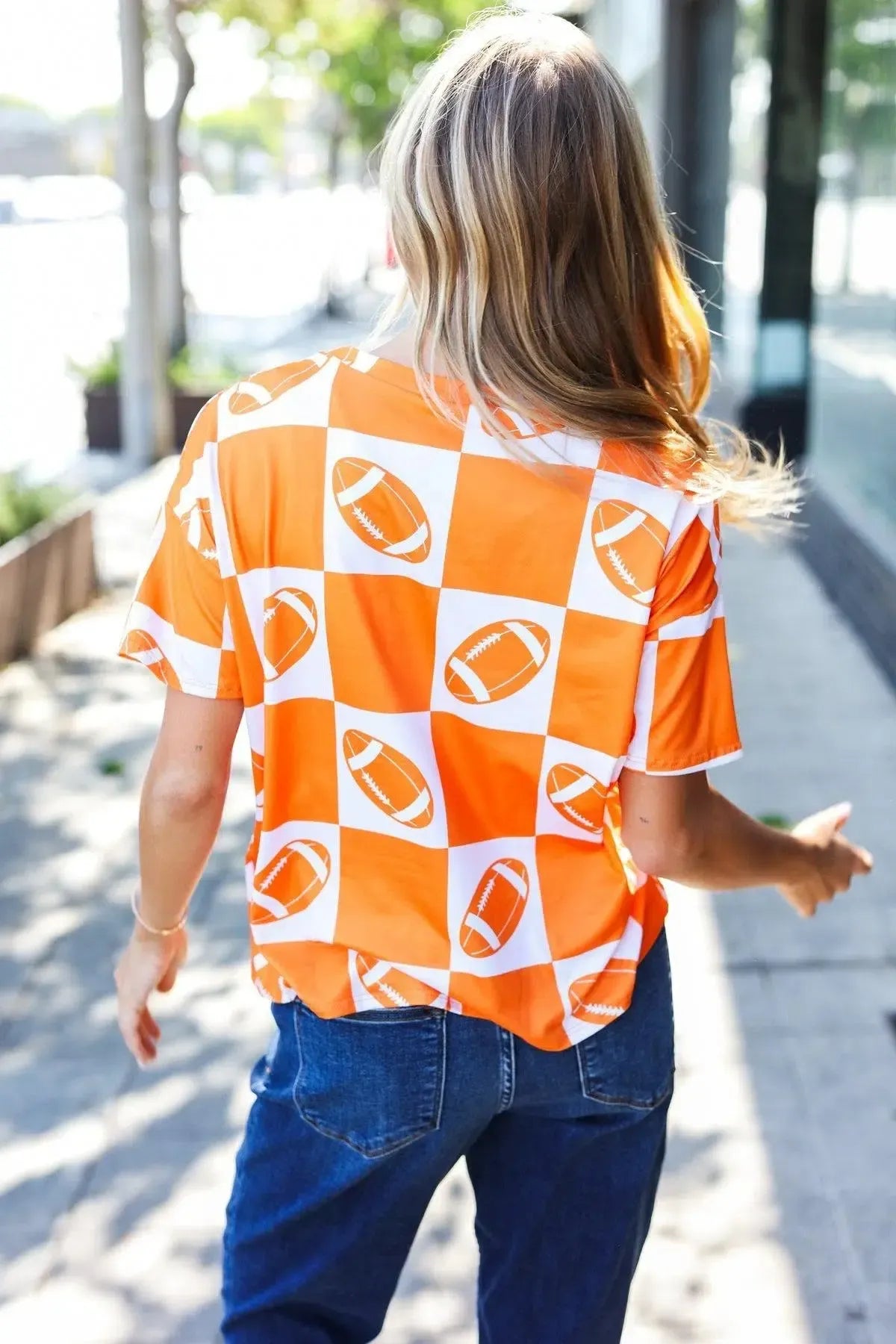 Turn Up The Volume Orange Football Checker Top-Evelyns Fashion