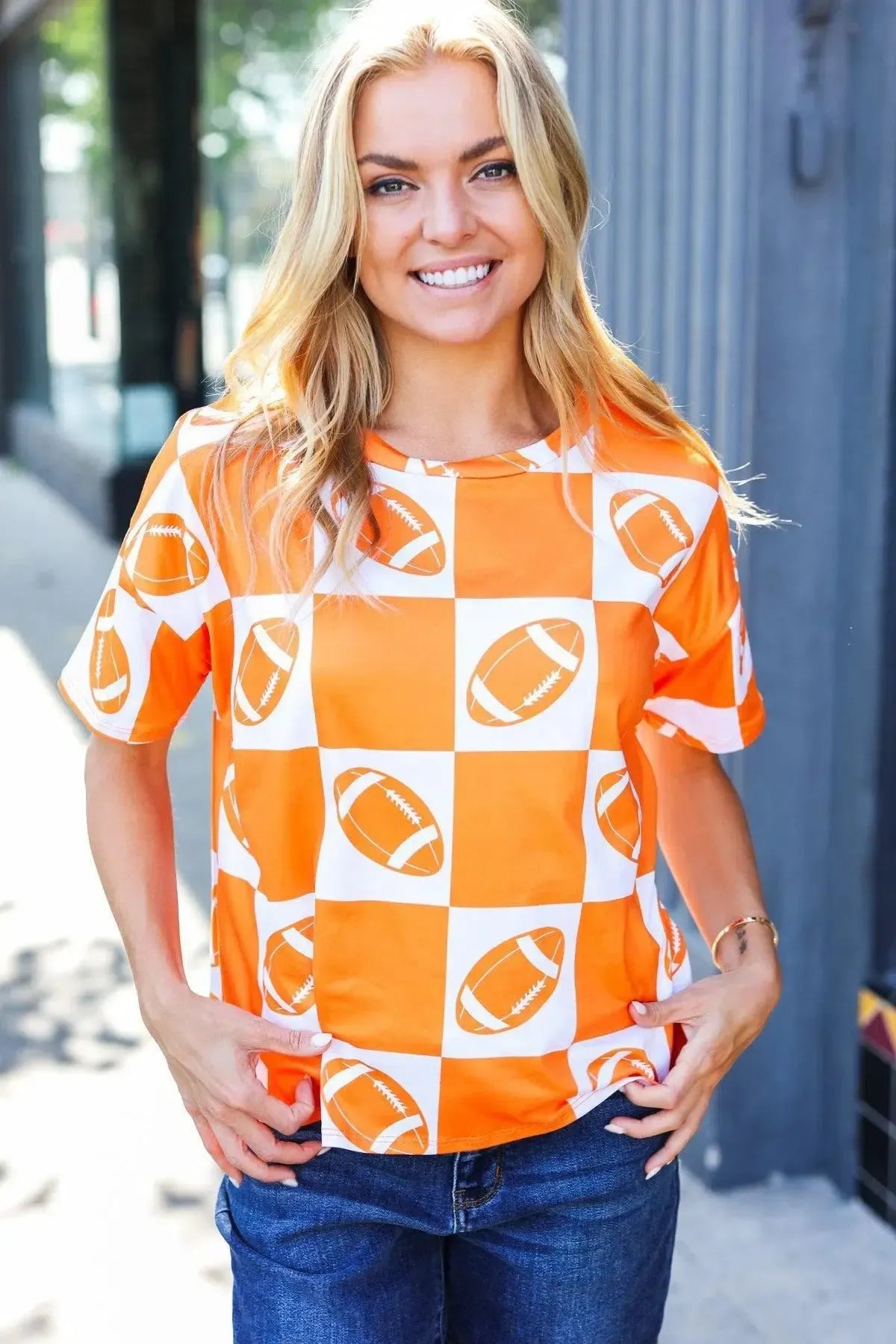 Turn Up The Volume Orange Football Checker Top-Evelyns Fashion