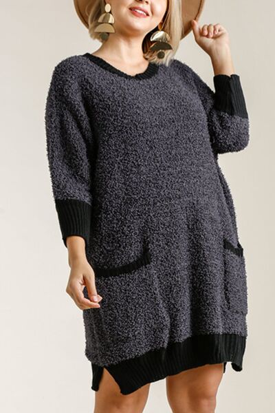 Umgee Plus Size 3/4 Sleeve Sweater Dress-Evelyns Fashion