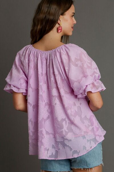 Umgee Plus Size Jacquard Blouse – Ruffled Puff Sleeves & Round Neck Elegance-Evelyns Fashion