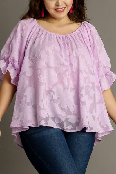 Umgee Plus Size Jacquard Blouse – Ruffled Puff Sleeves & Round Neck Elegance-Evelyns Fashion
