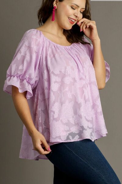 Umgee Plus Size Jacquard Blouse – Ruffled Puff Sleeves & Round Neck Elegance-Evelyns Fashion