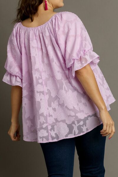 Umgee Plus Size Jacquard Blouse – Ruffled Puff Sleeves & Round Neck Elegance-Evelyns Fashion