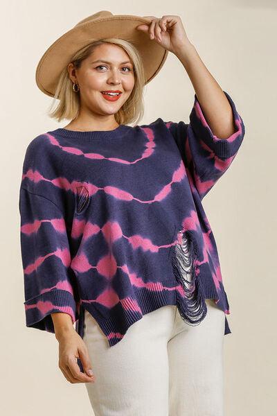 Umgee Plus Size Tie-Dye Distressed Sweater-Evelyns Fashion