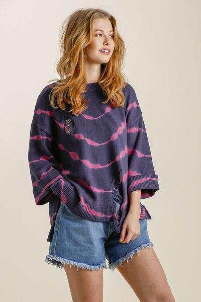 Umgee Plus Size Tie-Dye Distressed Sweater-Evelyns Fashion
