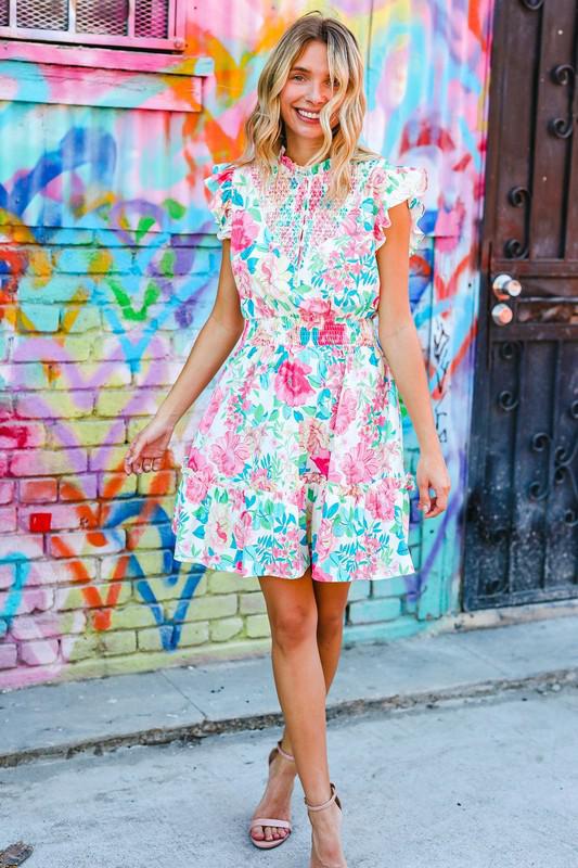 Under Your Spell Floral Smocked Flutter Sleeve Ruffle Mini Dress-Evelyns Fashion