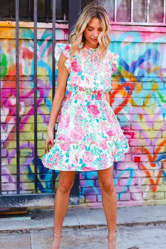 Under Your Spell Floral Smocked Flutter Sleeve Ruffle Mini Dress-Evelyns Fashion