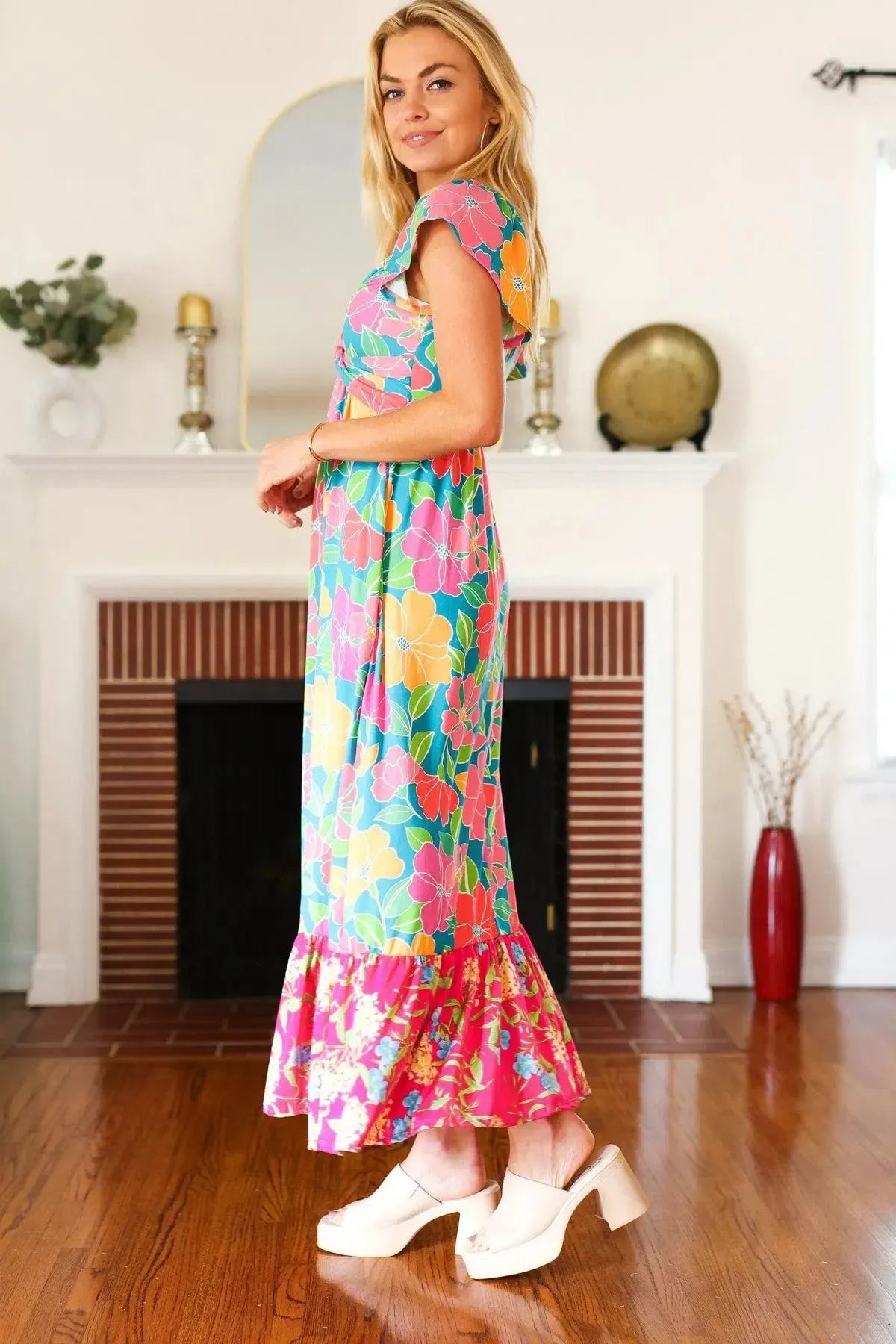Vacay Vibes Blue Floral Print Sweetheart Twisted Neckline Maxi Dress-Evelyns Fashion