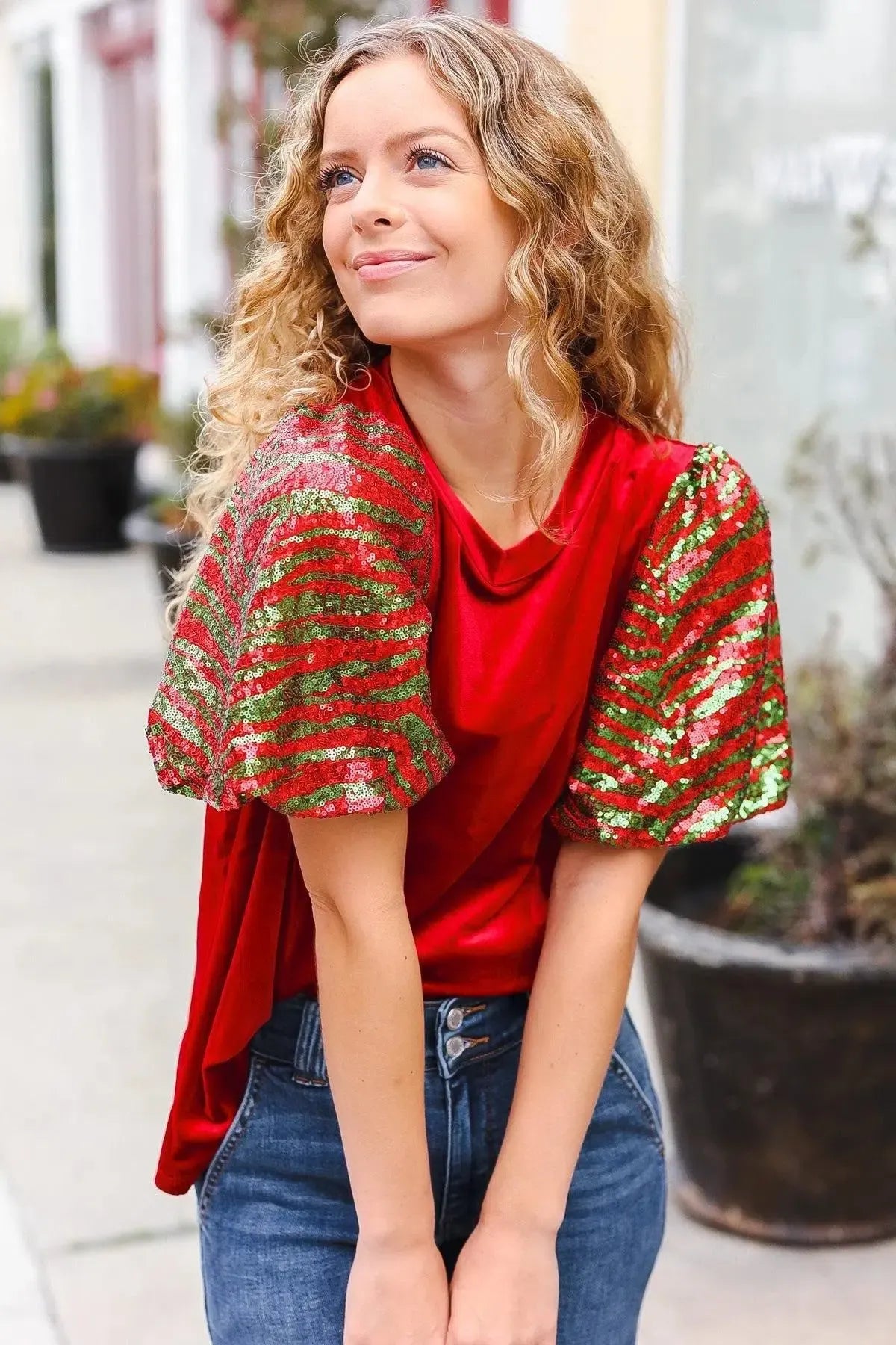 Warmest Wishes Red & Green Sequin Puff Sleeve Velvet Top-Evelyns Fashion