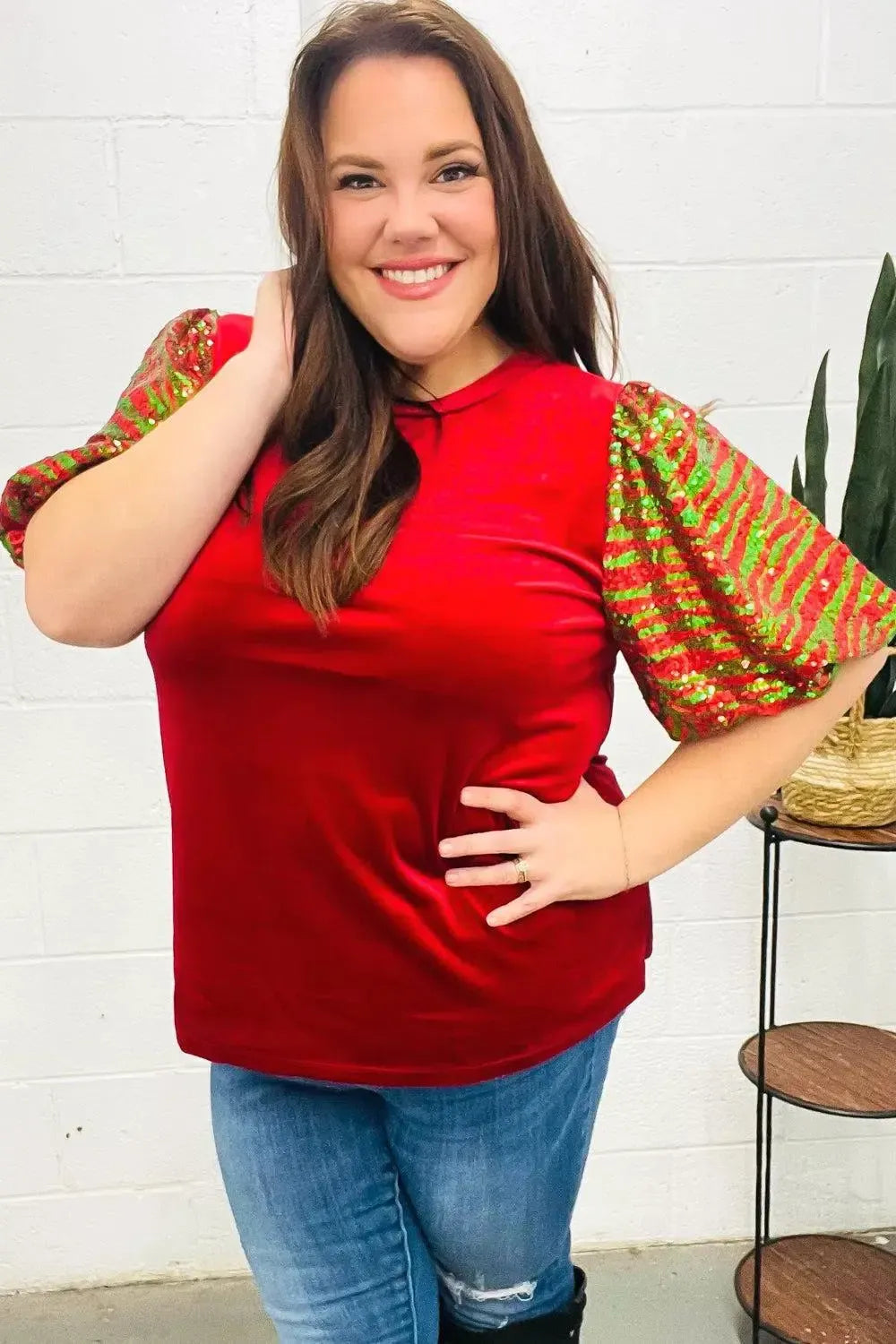 Warmest Wishes Red & Green Sequin Puff Sleeve Velvet Top-Evelyns Fashion