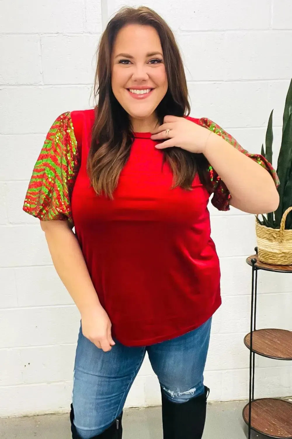 Warmest Wishes Red & Green Sequin Puff Sleeve Velvet Top-Evelyns Fashion