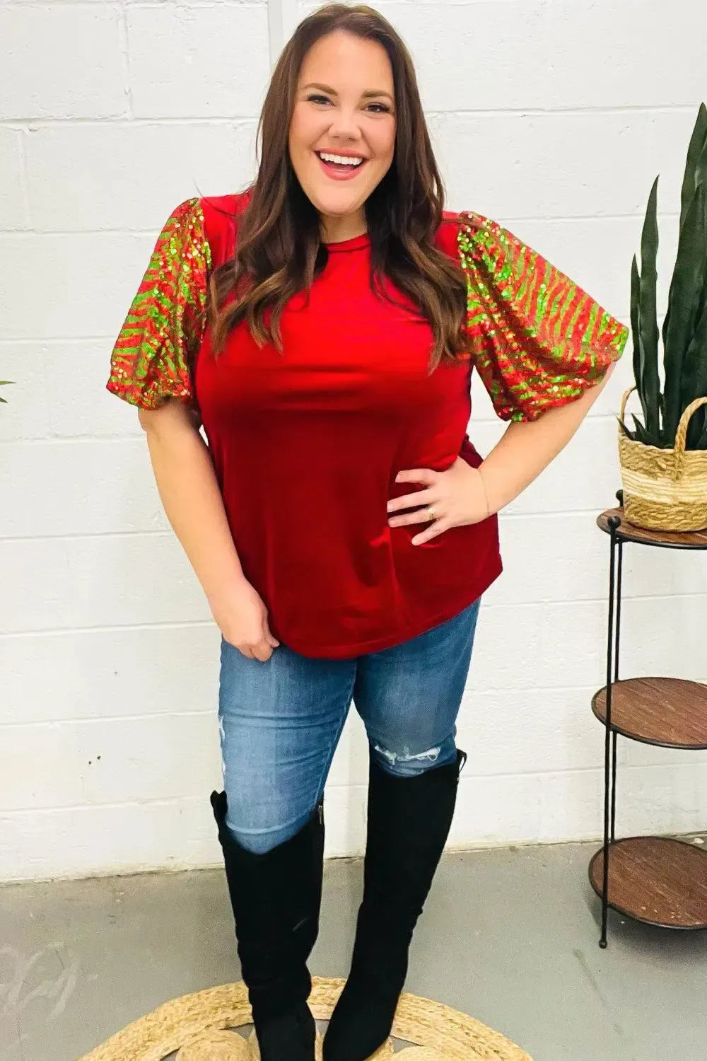 Warmest Wishes Red & Green Sequin Puff Sleeve Velvet Top-Evelyns Fashion