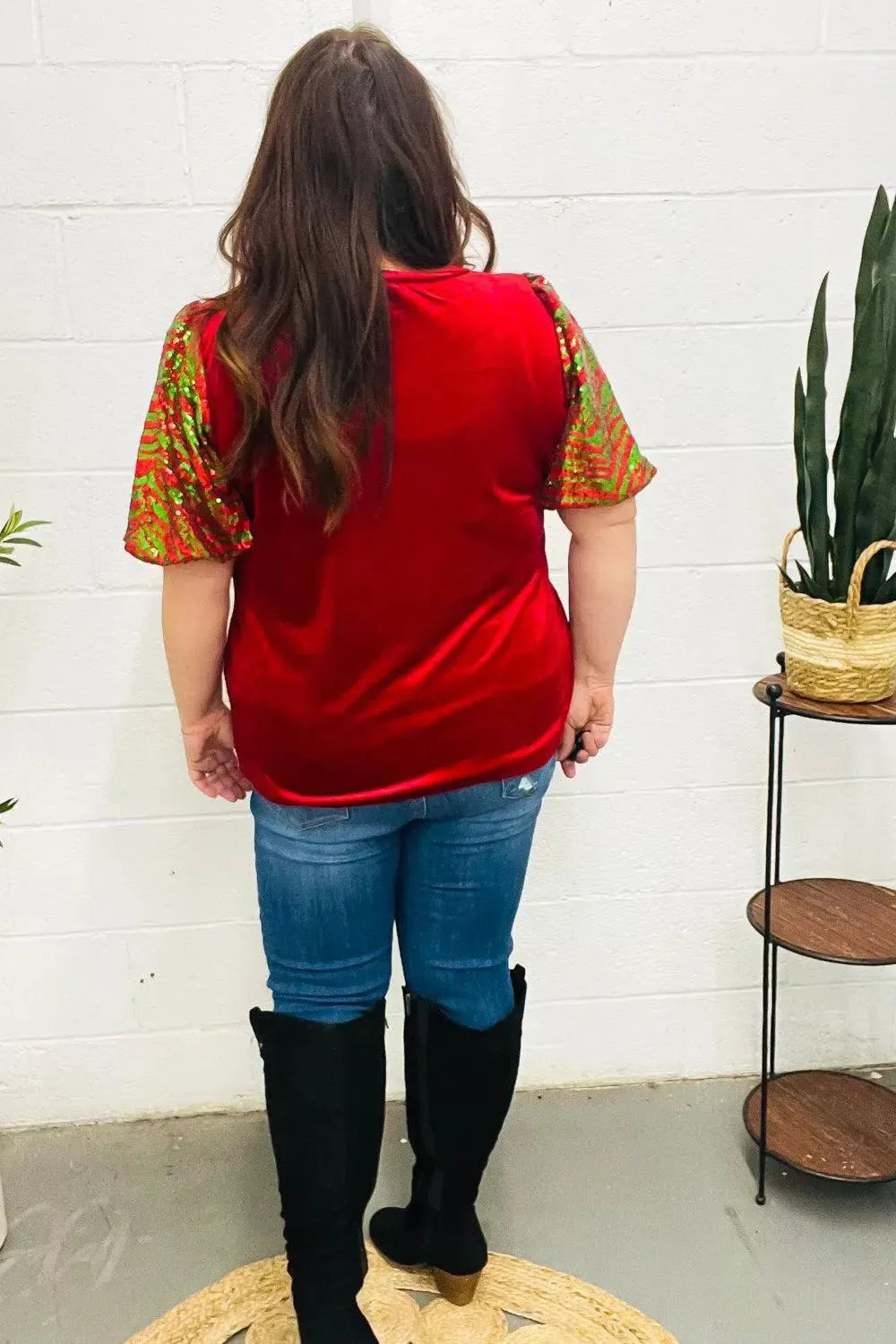 Warmest Wishes Red & Green Sequin Puff Sleeve Velvet Top-Evelyns Fashion