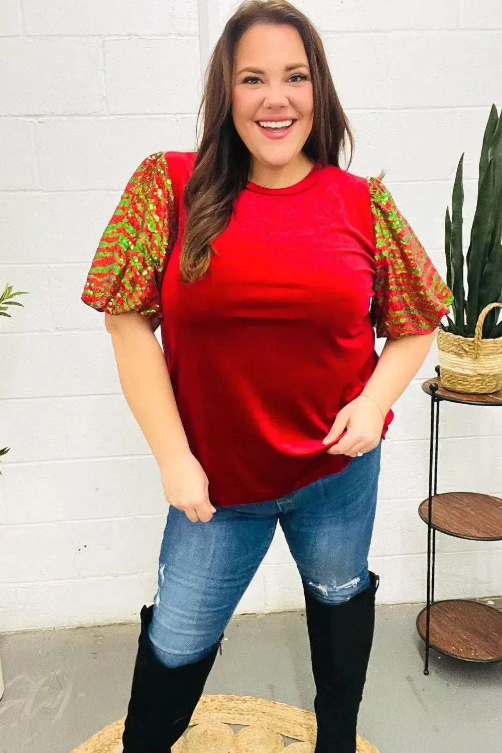Warmest Wishes Red & Green Sequin Puff Sleeve Velvet Top-Evelyns Fashion