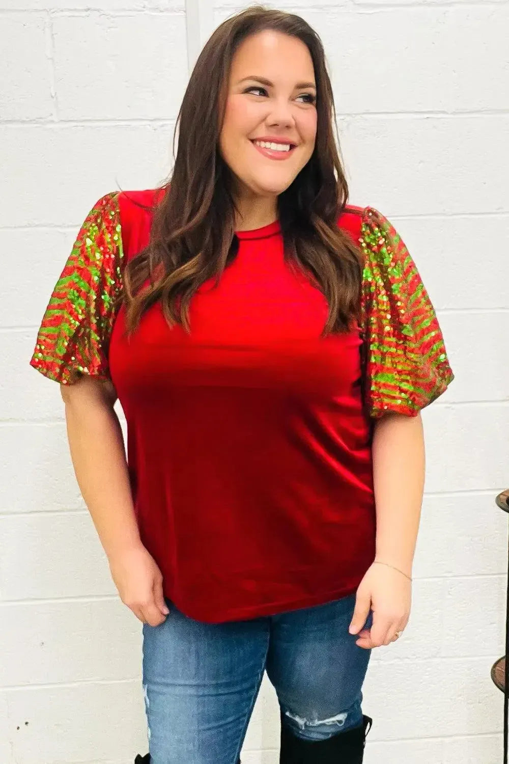 Warmest Wishes Red & Green Sequin Puff Sleeve Velvet Top-Evelyns Fashion
