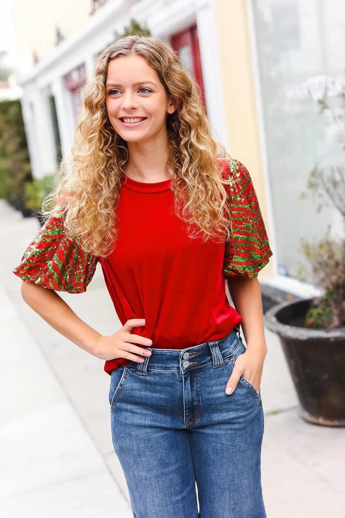 Warmest Wishes Red & Green Sequin Puff Sleeve Velvet Top-Evelyns Fashion