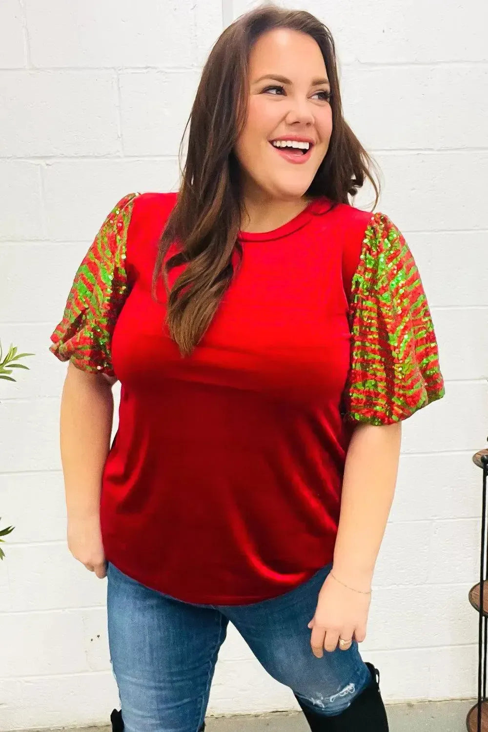 Warmest Wishes Red & Green Sequin Puff Sleeve Velvet Top-Evelyns Fashion