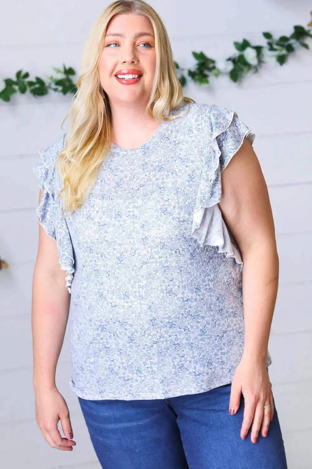 Washed Blue Floral Tiered Flutter Sleeve Top-Evelyns Fashion