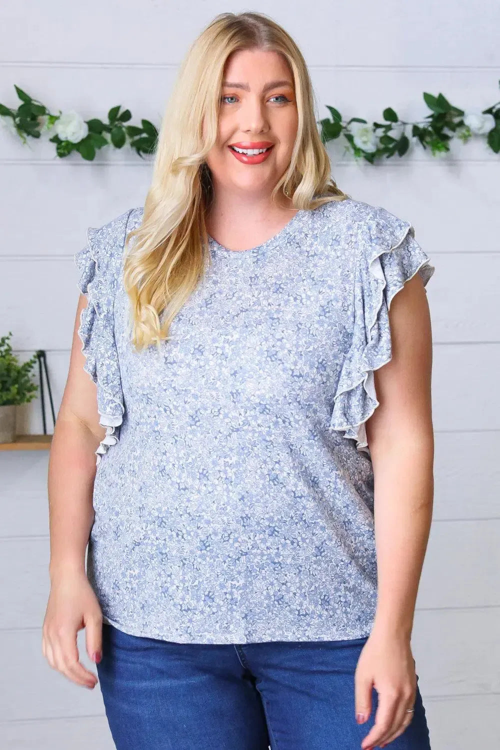 Washed Blue Floral Tiered Flutter Sleeve Top-Evelyns Fashion