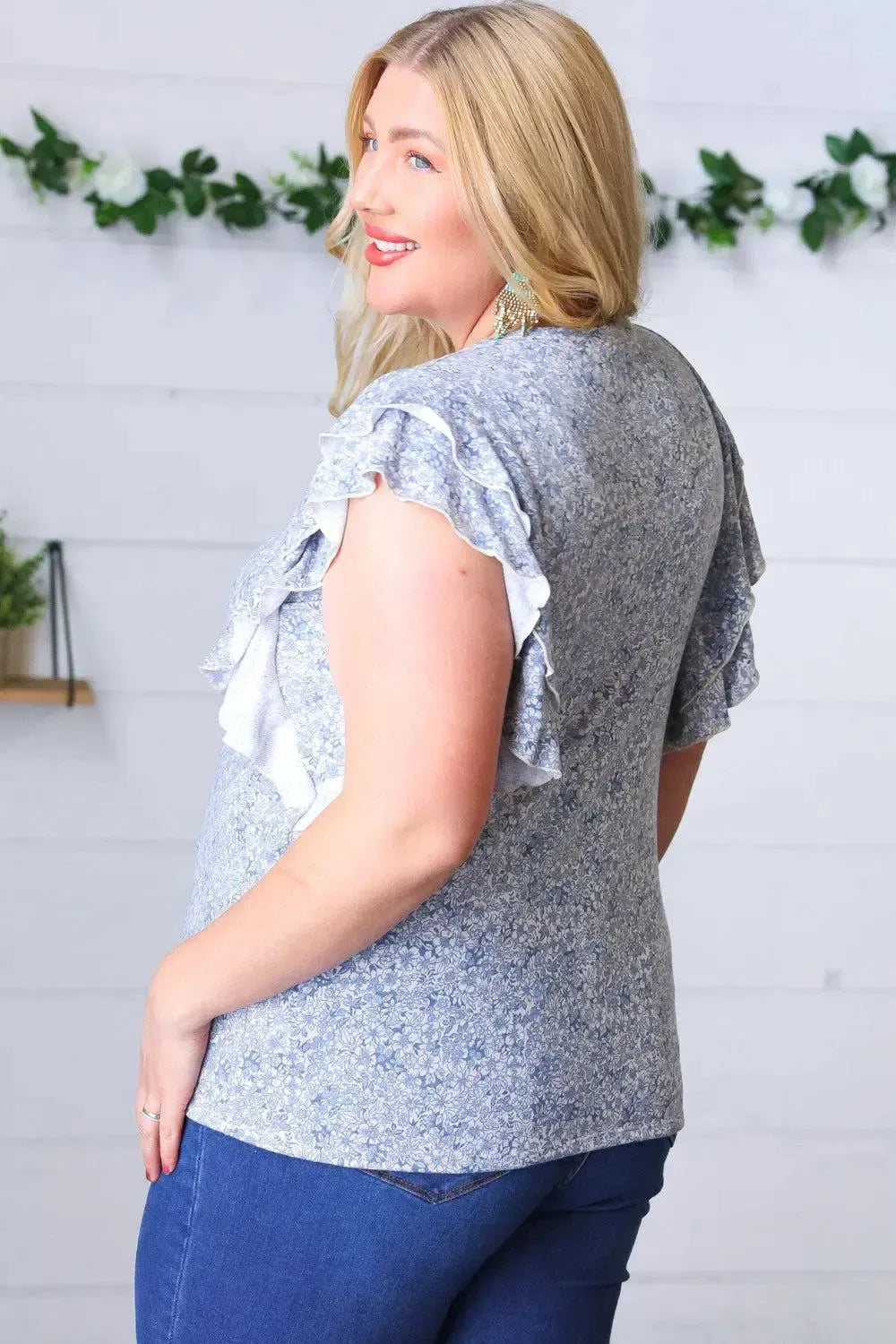Washed Blue Floral Tiered Flutter Sleeve Top-Evelyns Fashion