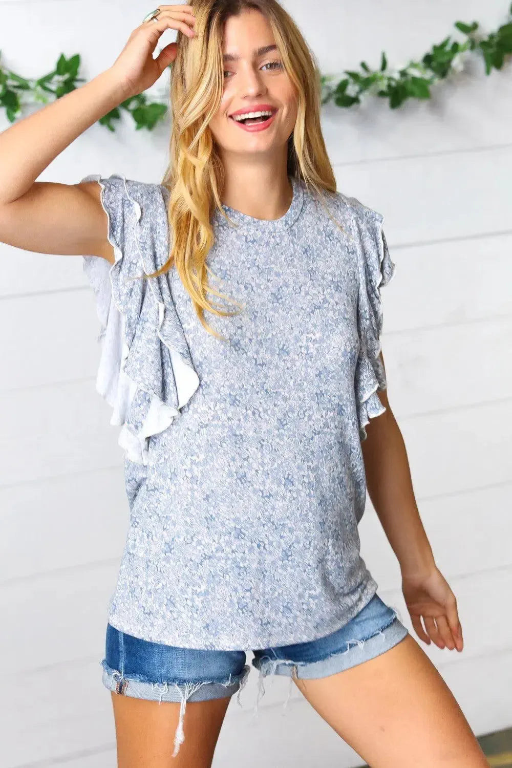 Washed Blue Floral Tiered Flutter Sleeve Top-Evelyns Fashion