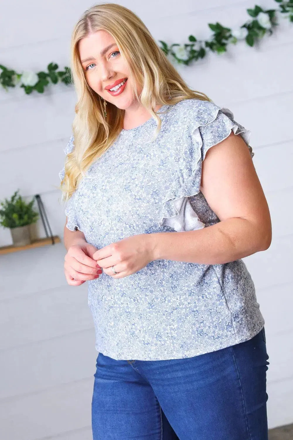 Washed Blue Floral Tiered Flutter Sleeve Top-Evelyns Fashion