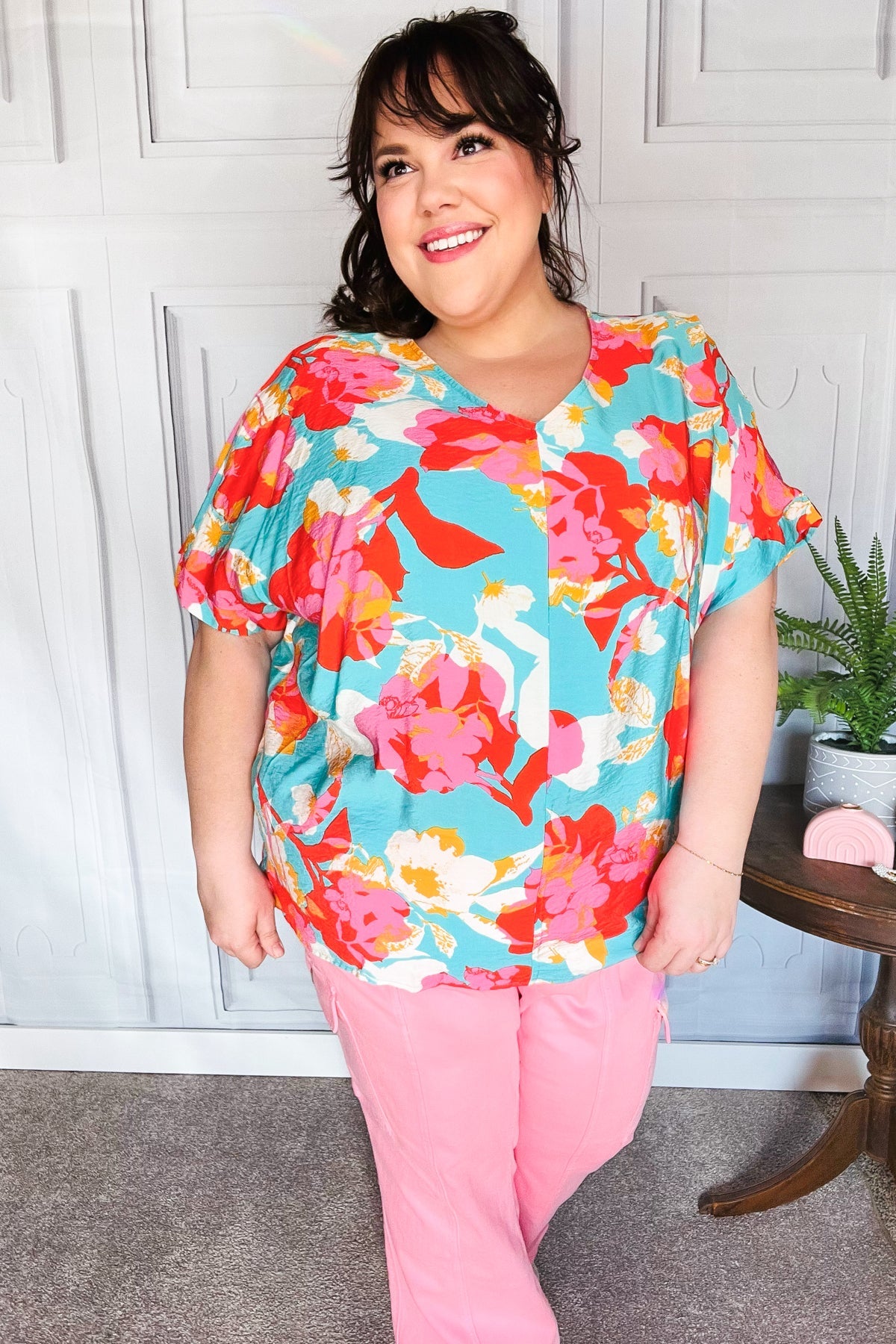 Weekend Ready Aqua & Coral Floral V Neck Woven Top-Evelyns Fashion