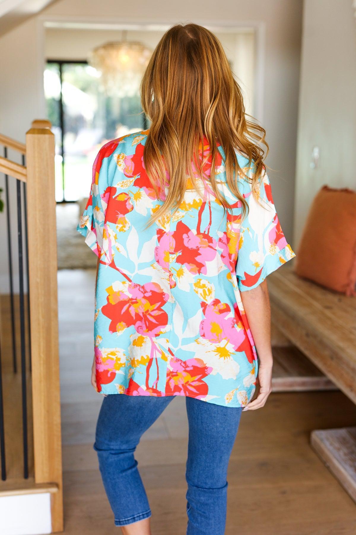 Weekend Ready Aqua & Coral Floral V Neck Woven Top-Evelyns Fashion