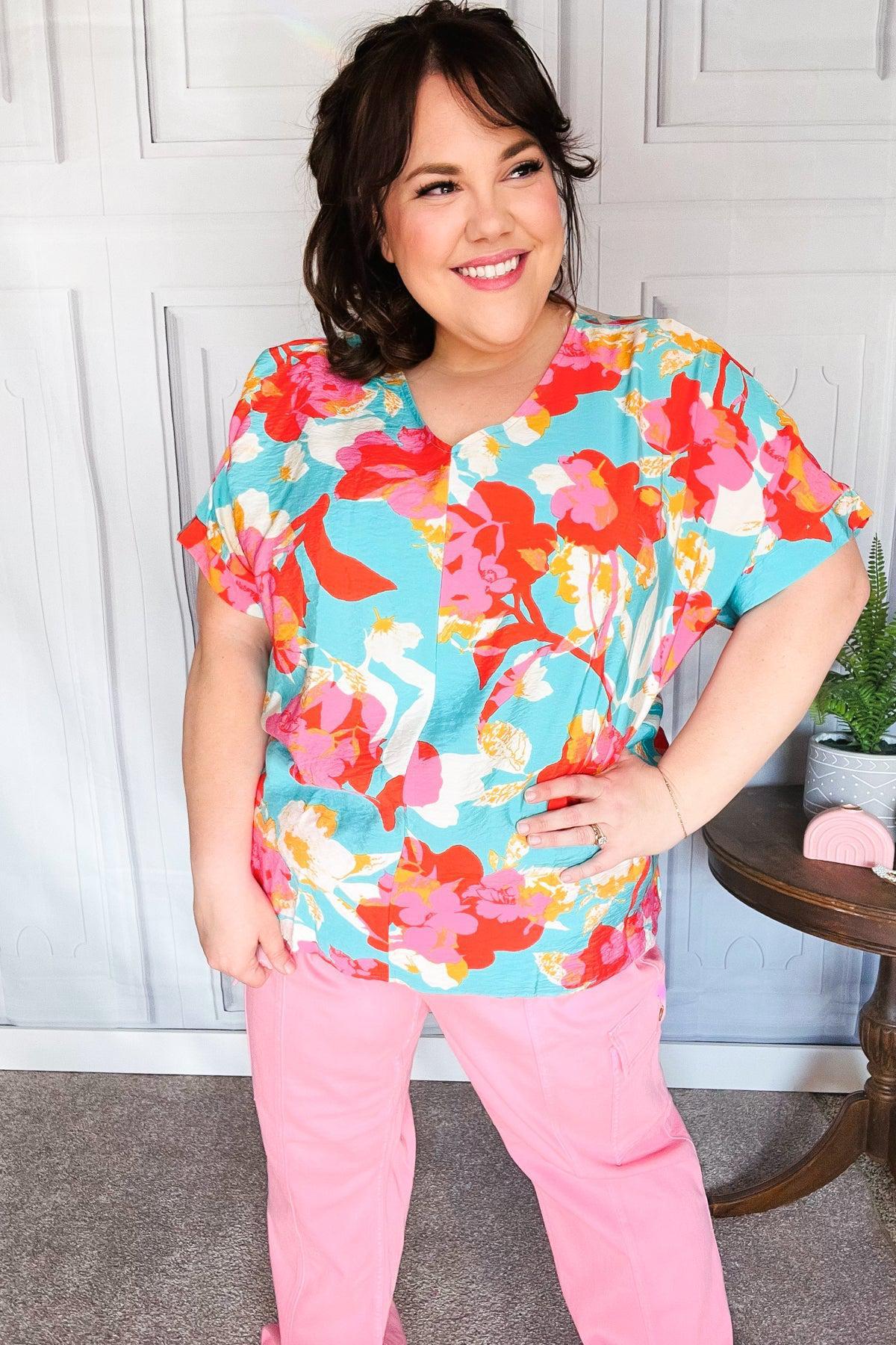 Weekend Ready Aqua & Coral Floral V Neck Woven Top-Evelyns Fashion