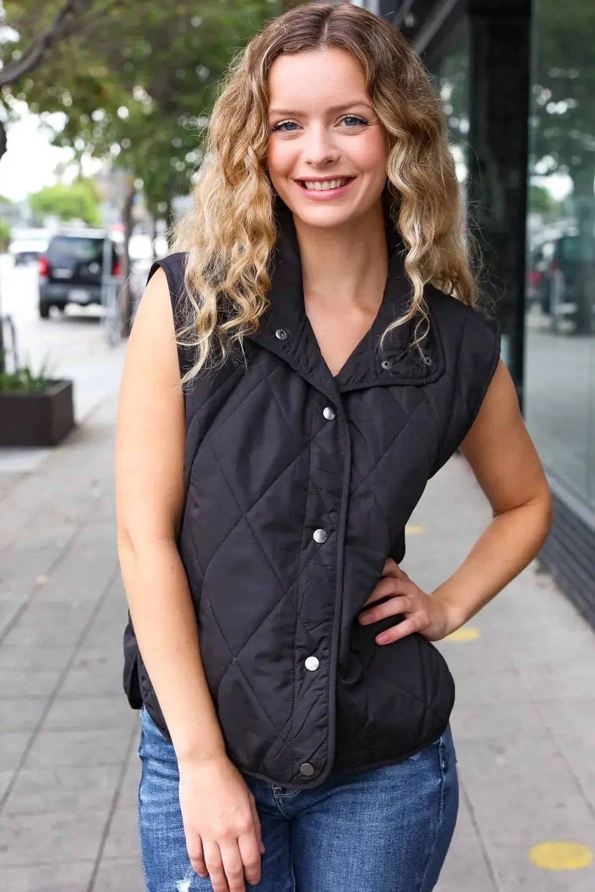 Weekend Ready Black Snap Button Quilted Puffer Vest-Evelyns Fashion