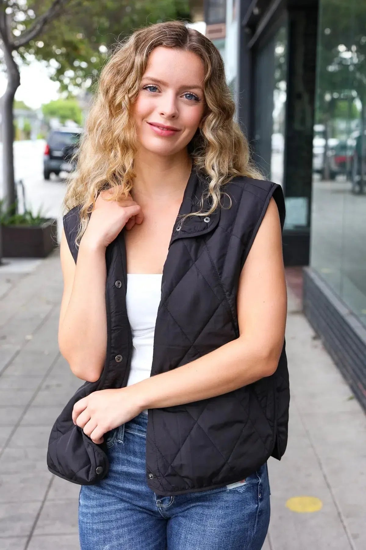 Weekend Ready Black Snap Button Quilted Puffer Vest-Evelyns Fashion