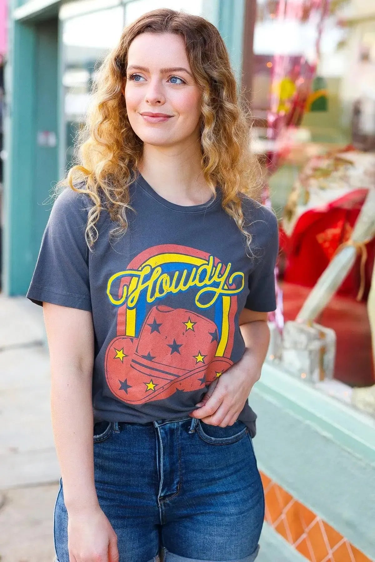 Weekend Ready "HOWDY" Cowboy Hat Graphic Tee-Evelyns Fashion