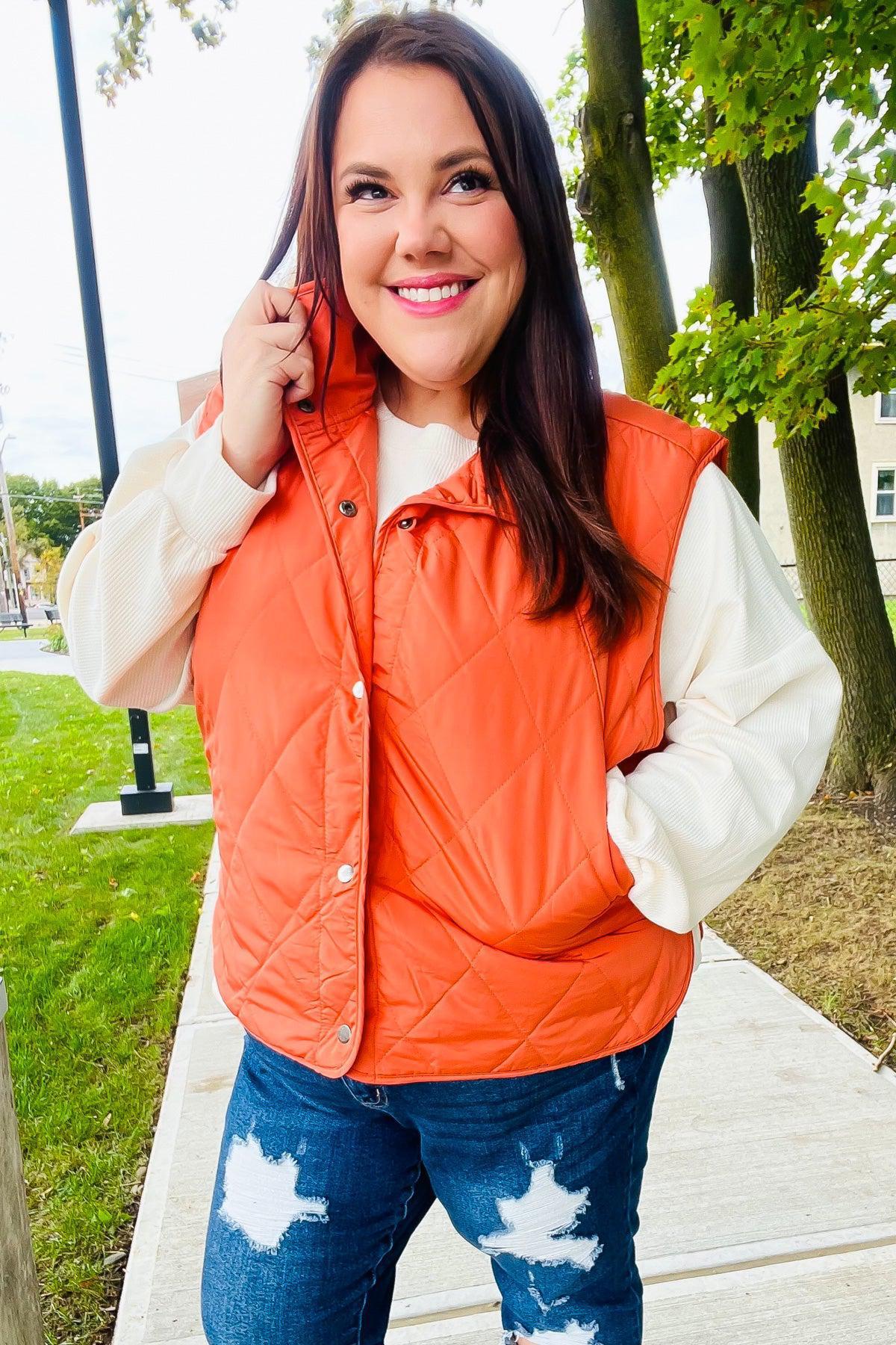 Weekend Ready Rust High Neck Snap Button Quilted Puffer Vest-Evelyns Fashion