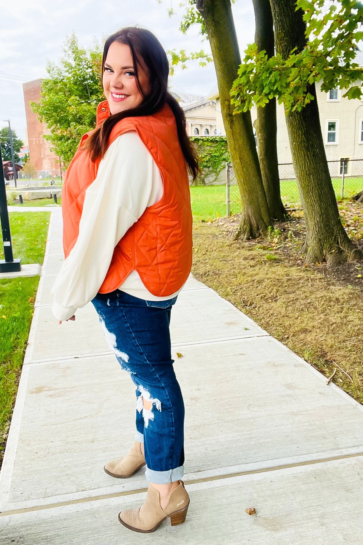 Weekend Ready Rust High Neck Snap Button Quilted Puffer Vest-Evelyns Fashion