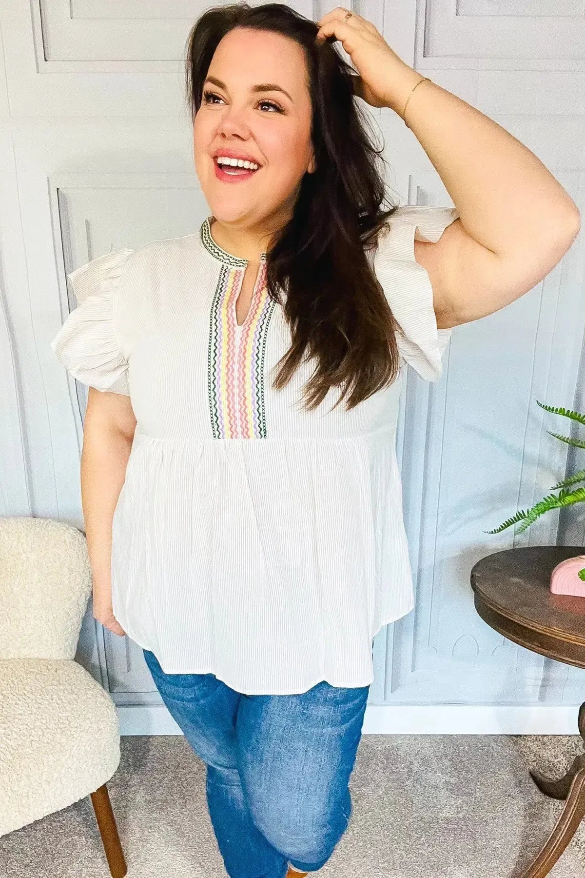 Weekend Ready Taupe Embroidered Notched Neck Babydoll Top-Evelyns Fashion