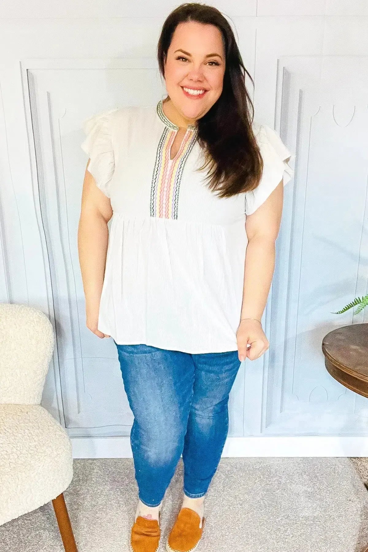 Weekend Ready Taupe Embroidered Notched Neck Babydoll Top-Evelyns Fashion