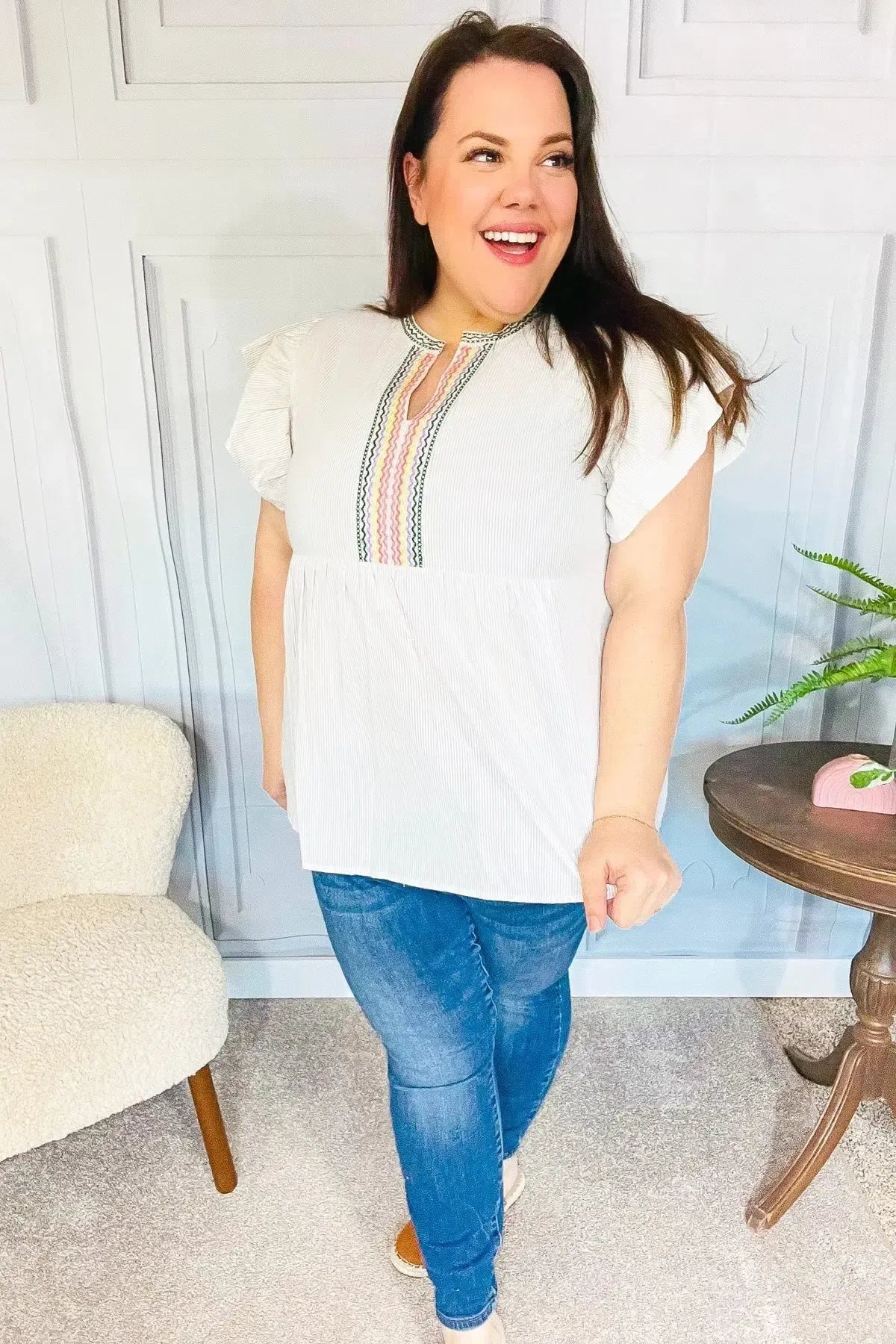 Weekend Ready Taupe Embroidered Notched Neck Babydoll Top-Evelyns Fashion