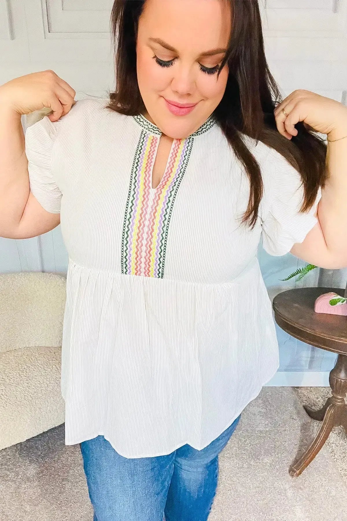 Weekend Ready Taupe Embroidered Notched Neck Babydoll Top-Evelyns Fashion