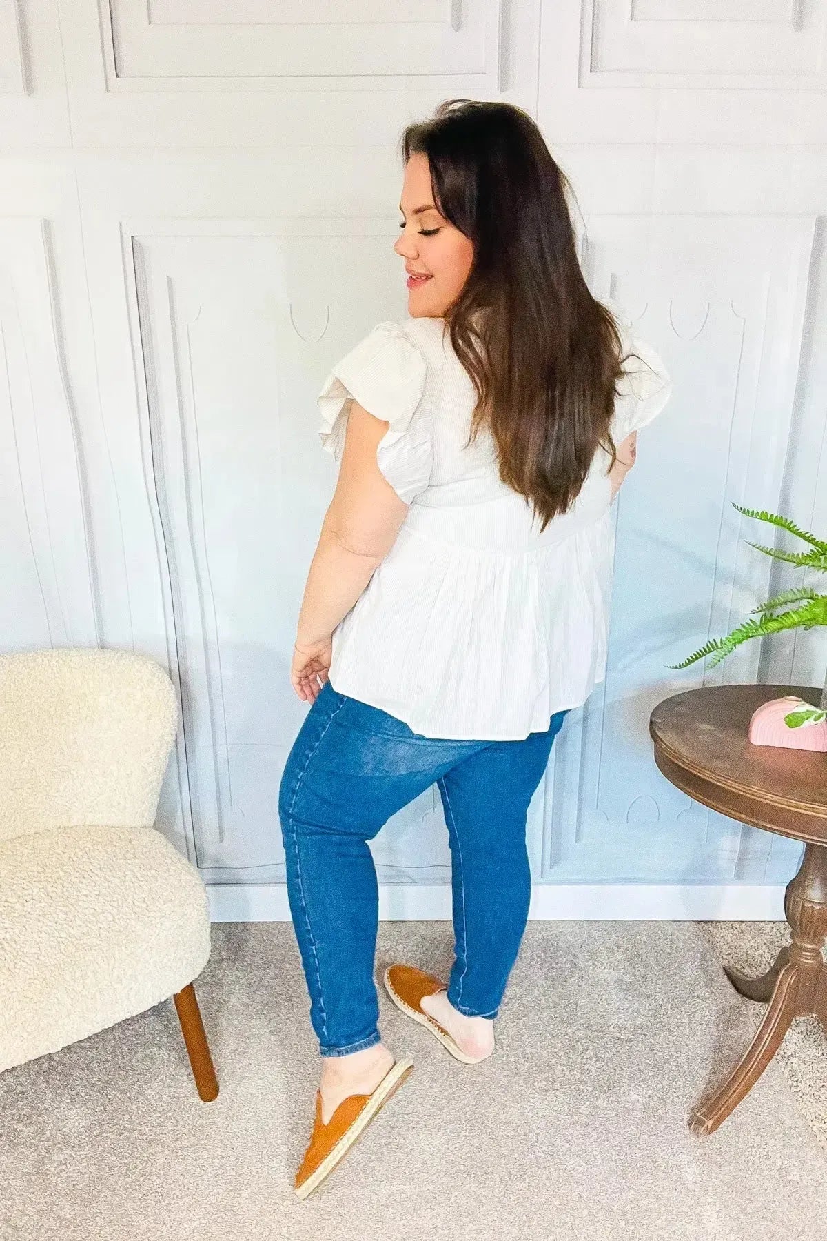 Weekend Ready Taupe Embroidered Notched Neck Babydoll Top-Evelyns Fashion
