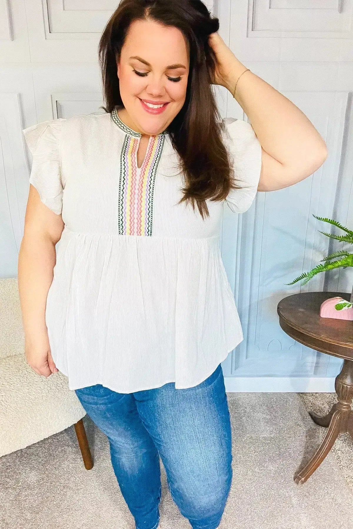 Weekend Ready Taupe Embroidered Notched Neck Babydoll Top-Evelyns Fashion