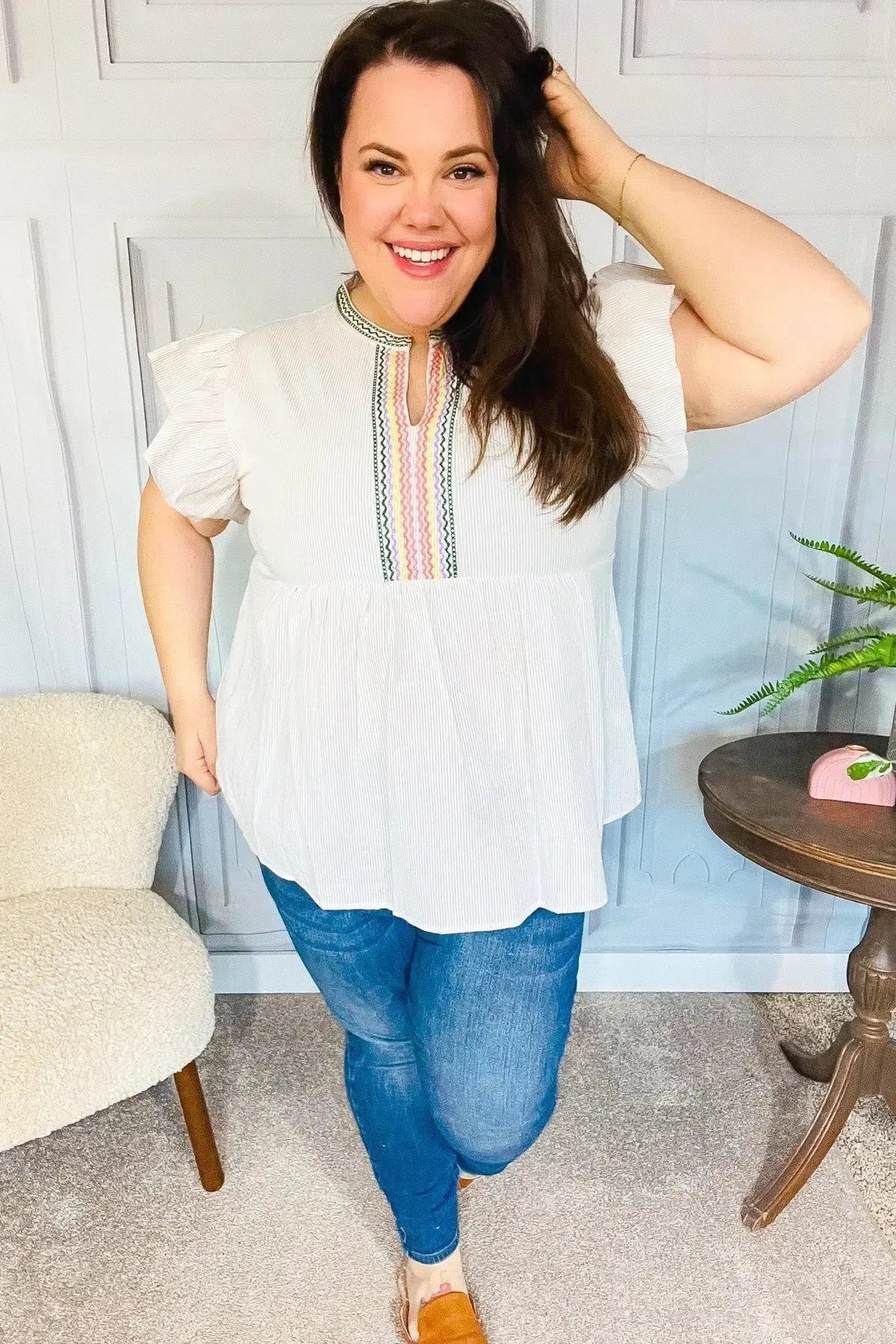 Weekend Ready Taupe Embroidered Notched Neck Babydoll Top-Evelyns Fashion