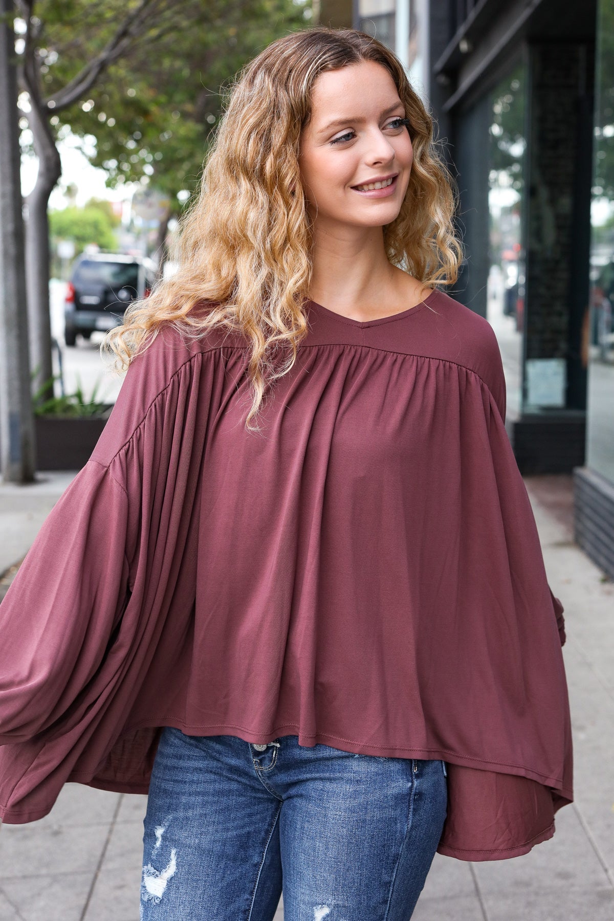 Wine V Neck Yoke Modal Knit Oversized Top-Evelyns Fashion