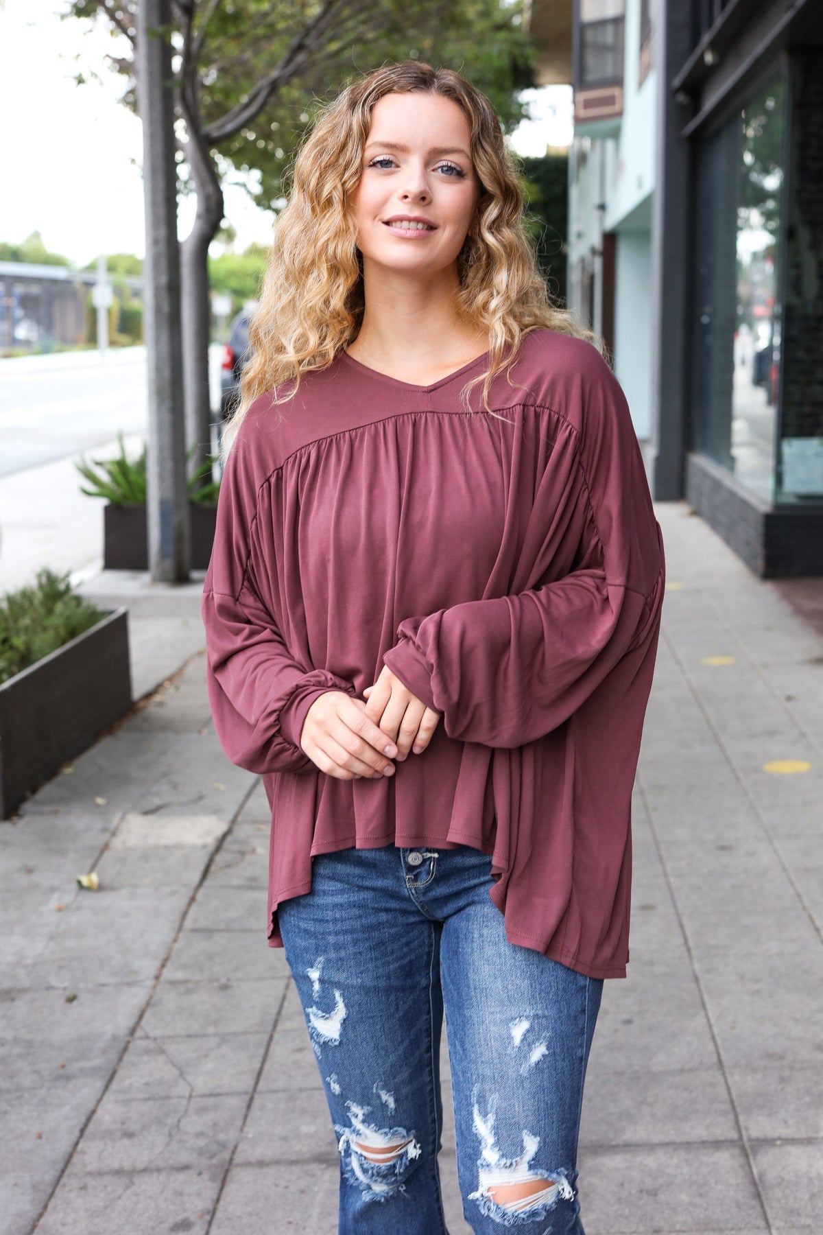 Wine V Neck Yoke Modal Knit Oversized Top-Evelyns Fashion