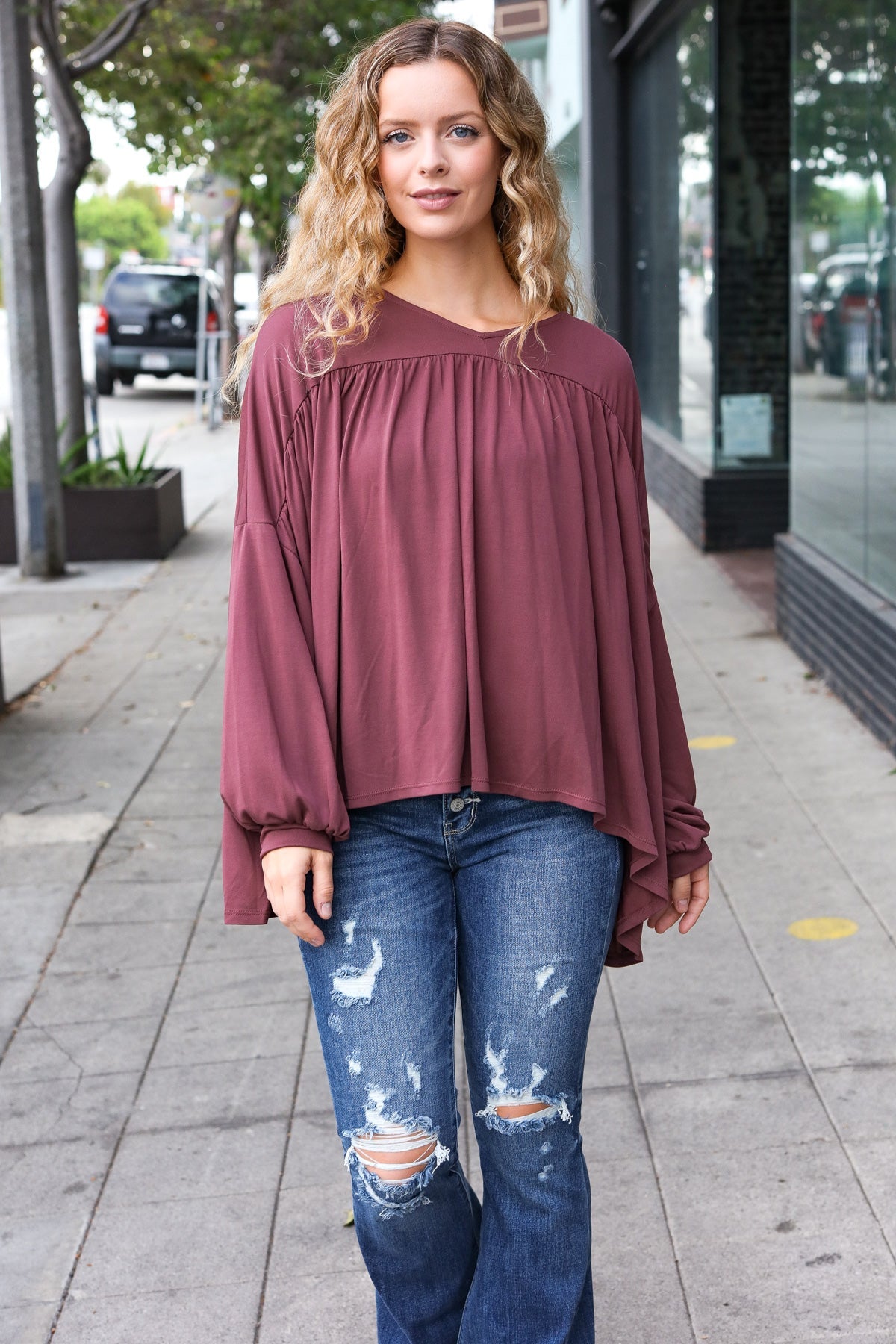 Wine V Neck Yoke Modal Knit Oversized Top-Evelyns Fashion