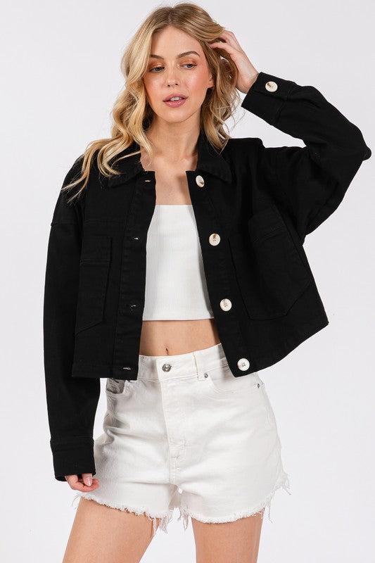 Womens Cropped Denim Jacket-Jackets-Evelyns Fashion