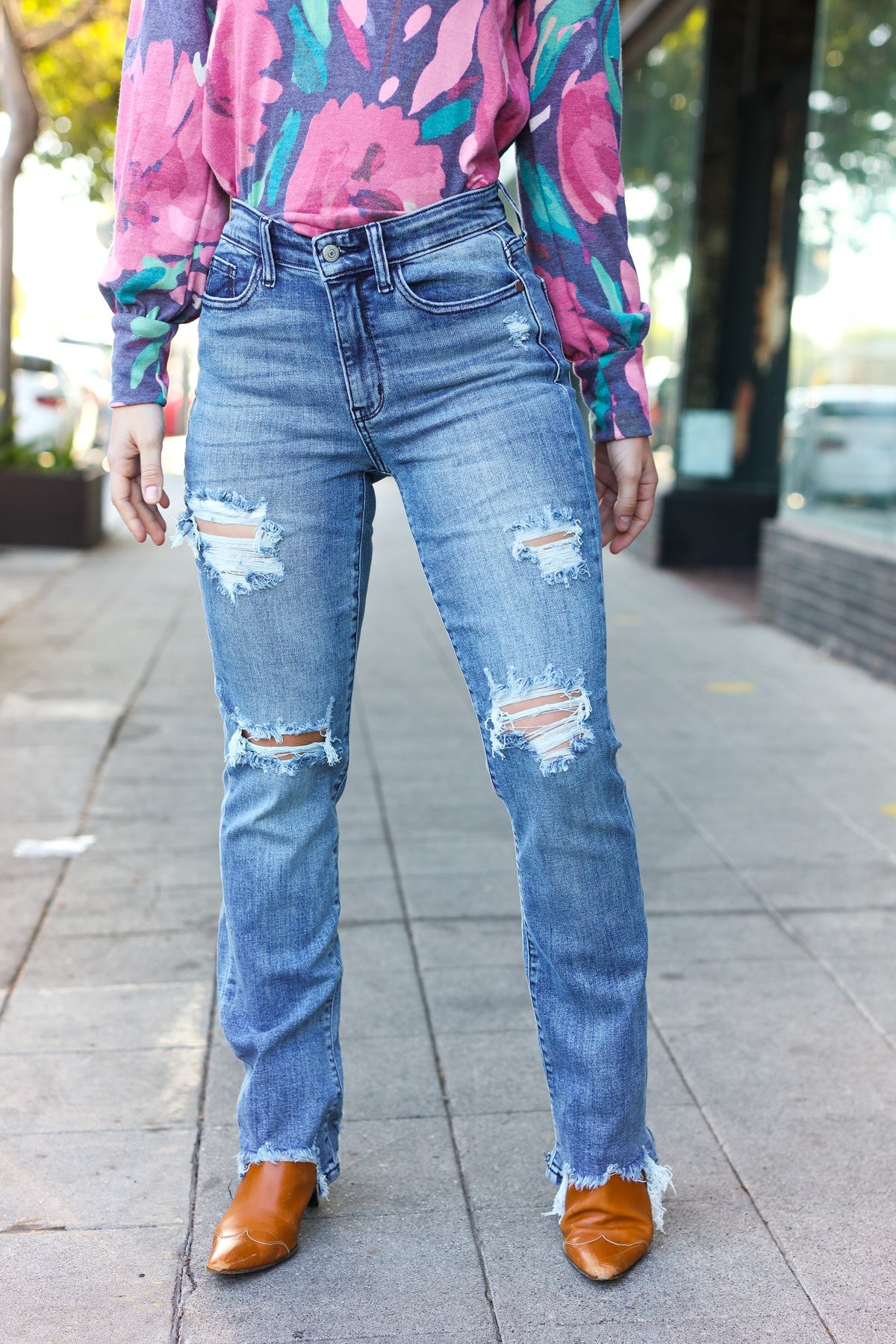 Womens Mid Rise Distressed and Ripped Jeans-Evelyns Fashion
