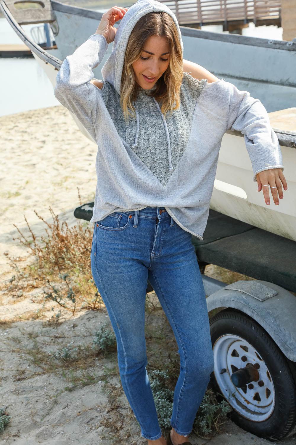 Adventure Ready Cold Shoulder Color Block Pullover Hoodie-Long Sleeve Blouse-Evelyns Fashion